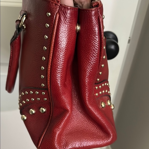 Red Studded leather Satchel with gold Accents - Picture 2 of 15